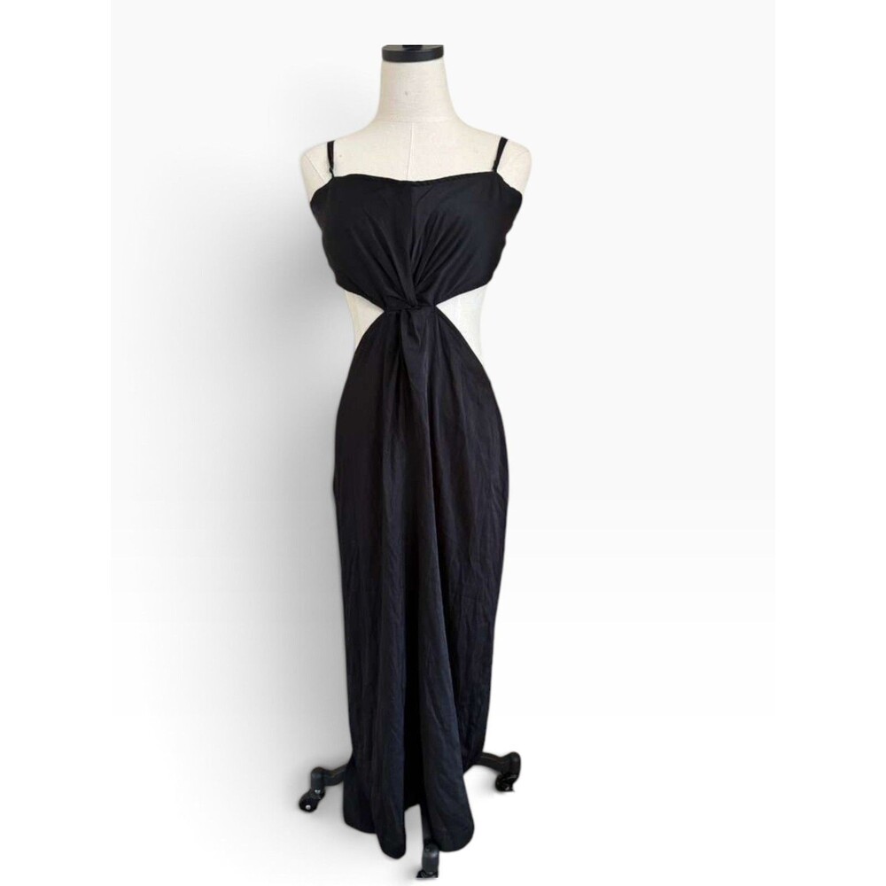 H&M Black Maxi Dress Women L Cutout Waist Sleeveless Spaghetti Strap